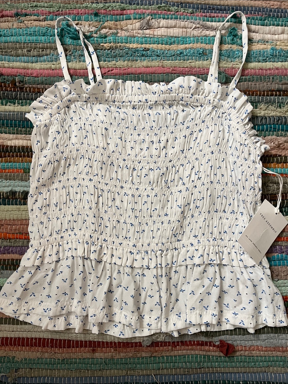 Free Assembly Smocked Peplum Top White with Blue Flowers NWT